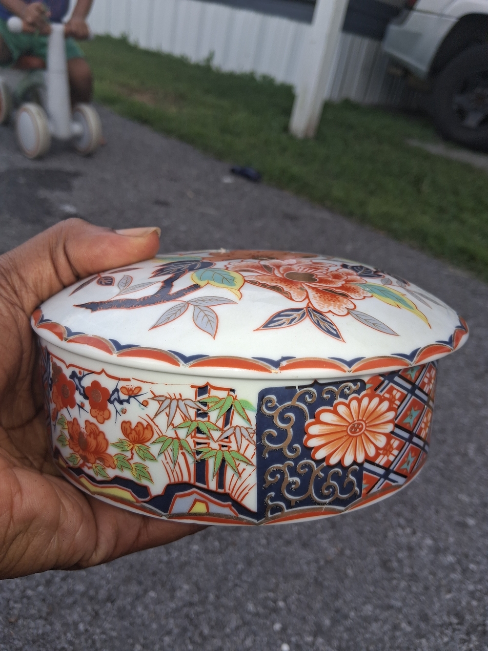 Decorative Floral Porcelain Lidded Trinket Box - White and Orange